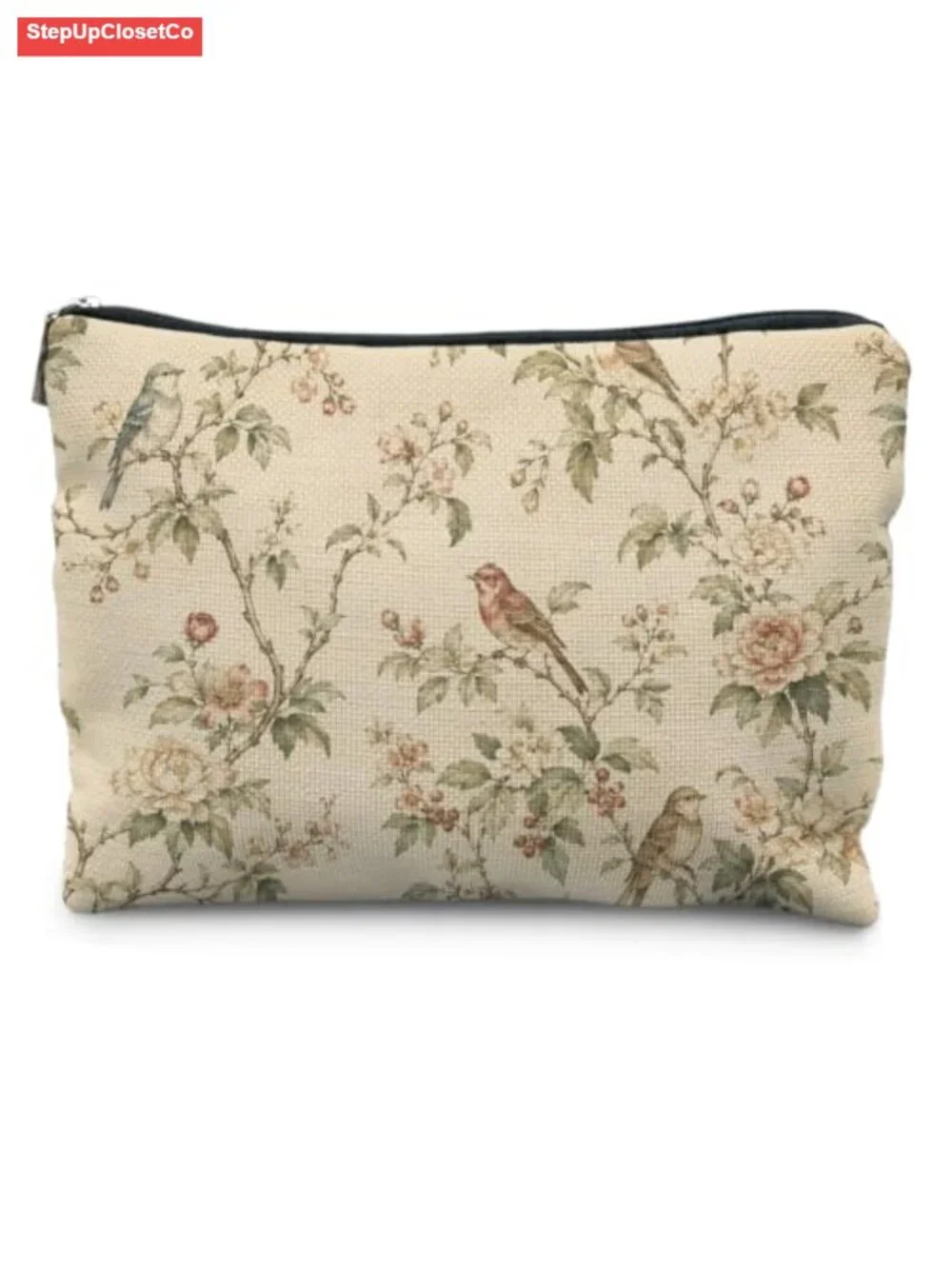 Chinoiserie Floral Bird Linen Cosmetic Makeup Bag Toiletry Travel Pouch